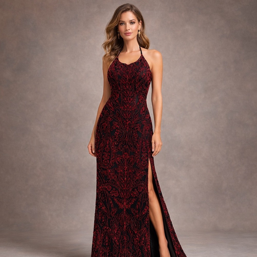 Cache Fully Beaded Silk Halter Evening Gown Black Red Formal Gala Dress L